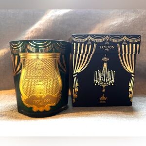 Trudon empty Angelo green and gold luxury candle vessel.